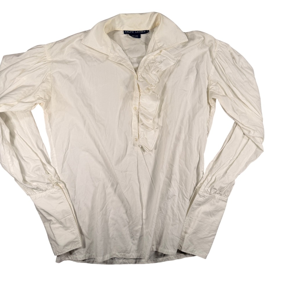 Ralph Lauren Ruffle Front Blouse 2 Womens White Cotton Puff Sleeve Shirt
